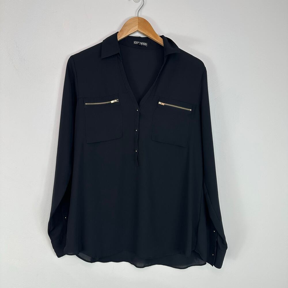 Express Black V-Neck Chiffon Gold Zipper Chest Pocket Blouse
